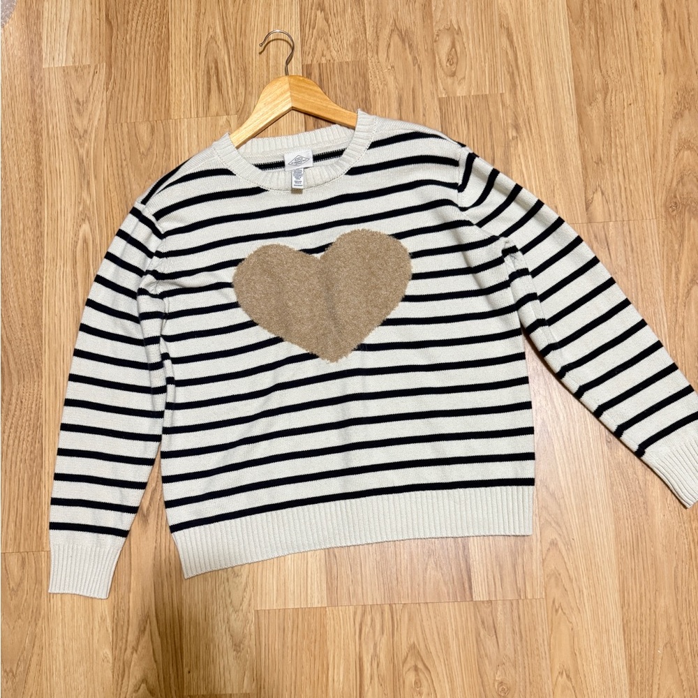 St. John Women’s Sz L Blue White Stripes Knitted Heart Crewneck Pullover Sweater